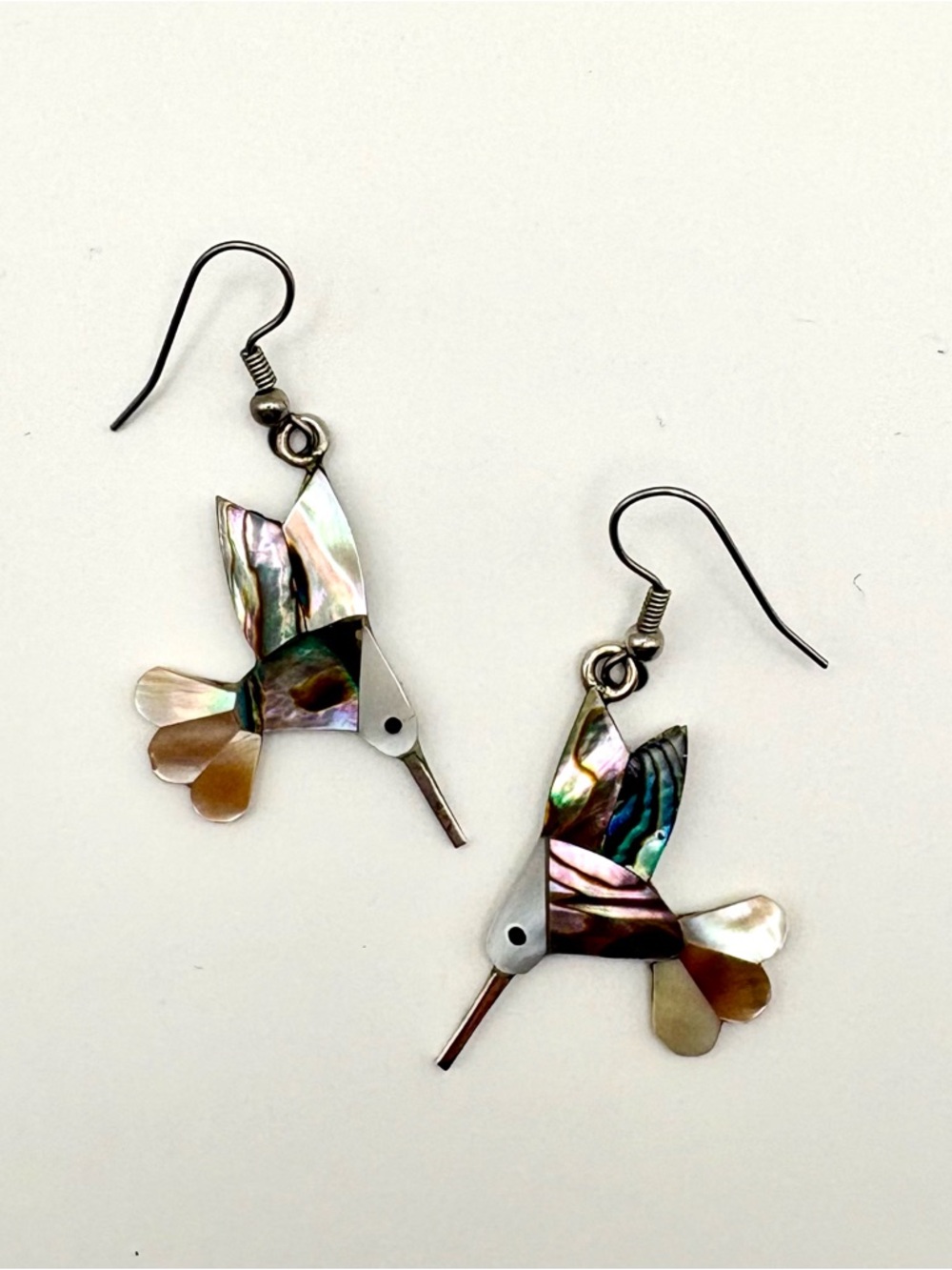 Handmade Alpaca Mexico Hummingbird Abalone and Mother of Pearl Dangle Earrings - Picture 2 of 5